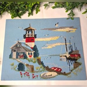 Vintage Paragon Lighthouse Crewel Embroidery Stretched On Canvas